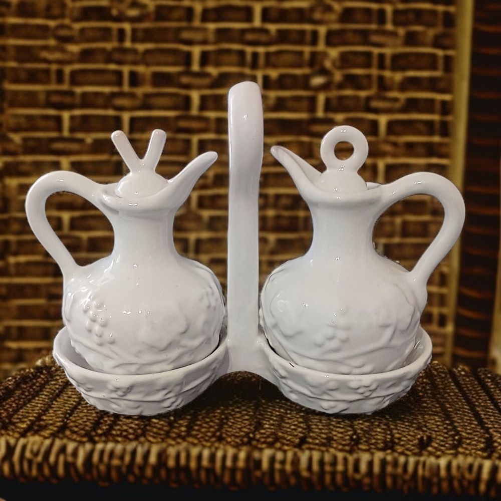 PV Italy Pottery Cruet Set White Oil Vinegar‎ Carrier Embossed Peasant Village